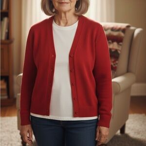 Lands' End short Women's Vibrant Red Cardigan size Large viscose/cotton